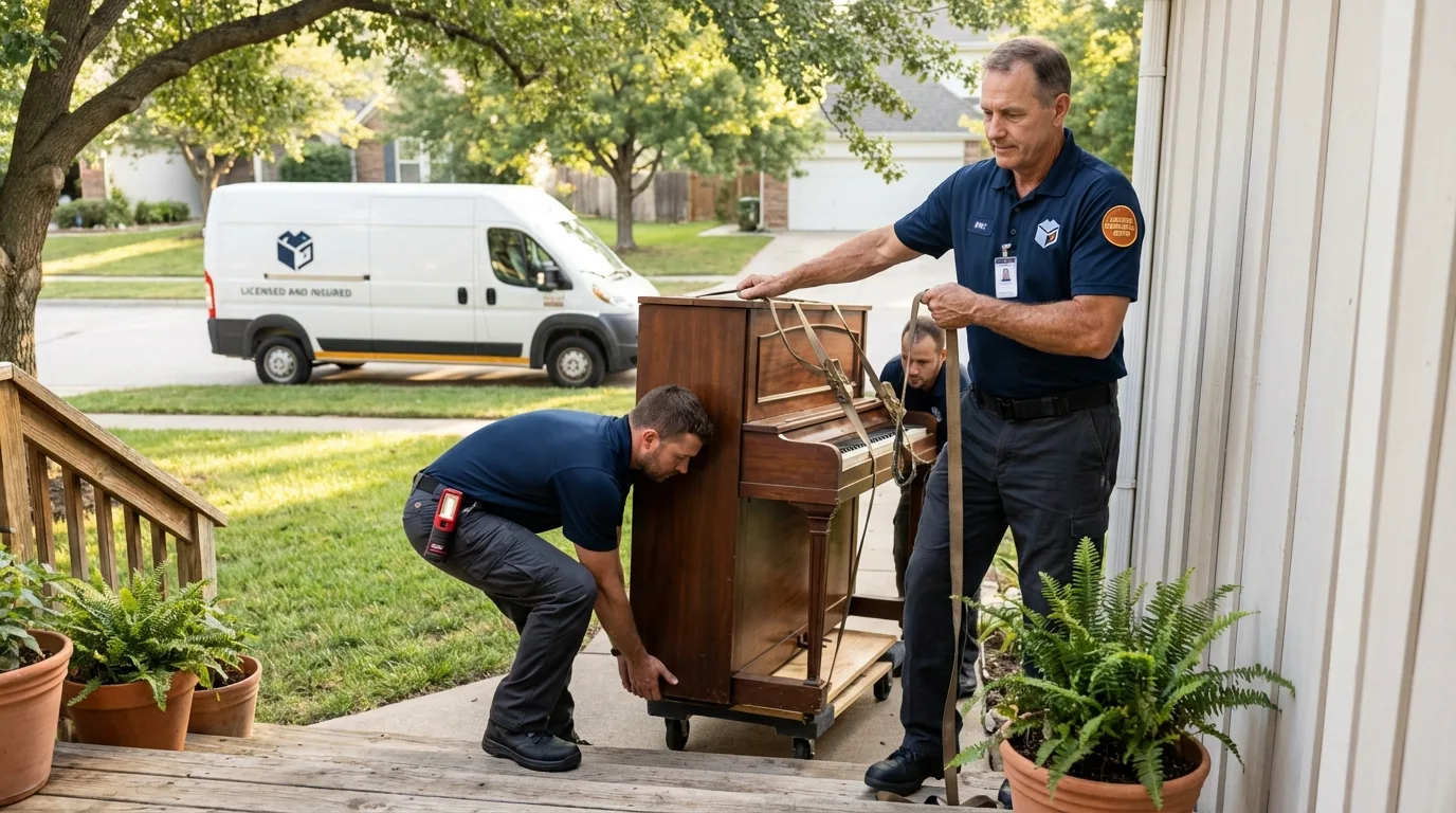 Licensed piano movers securing grand piano in Montezuma, IA