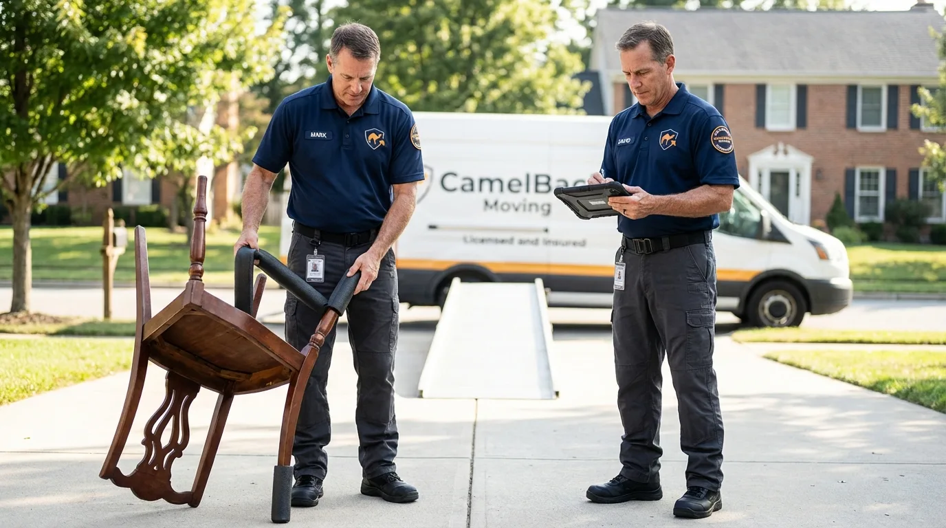 Movers inspecting furniture for damage prevention before loading in Montezuma, IA