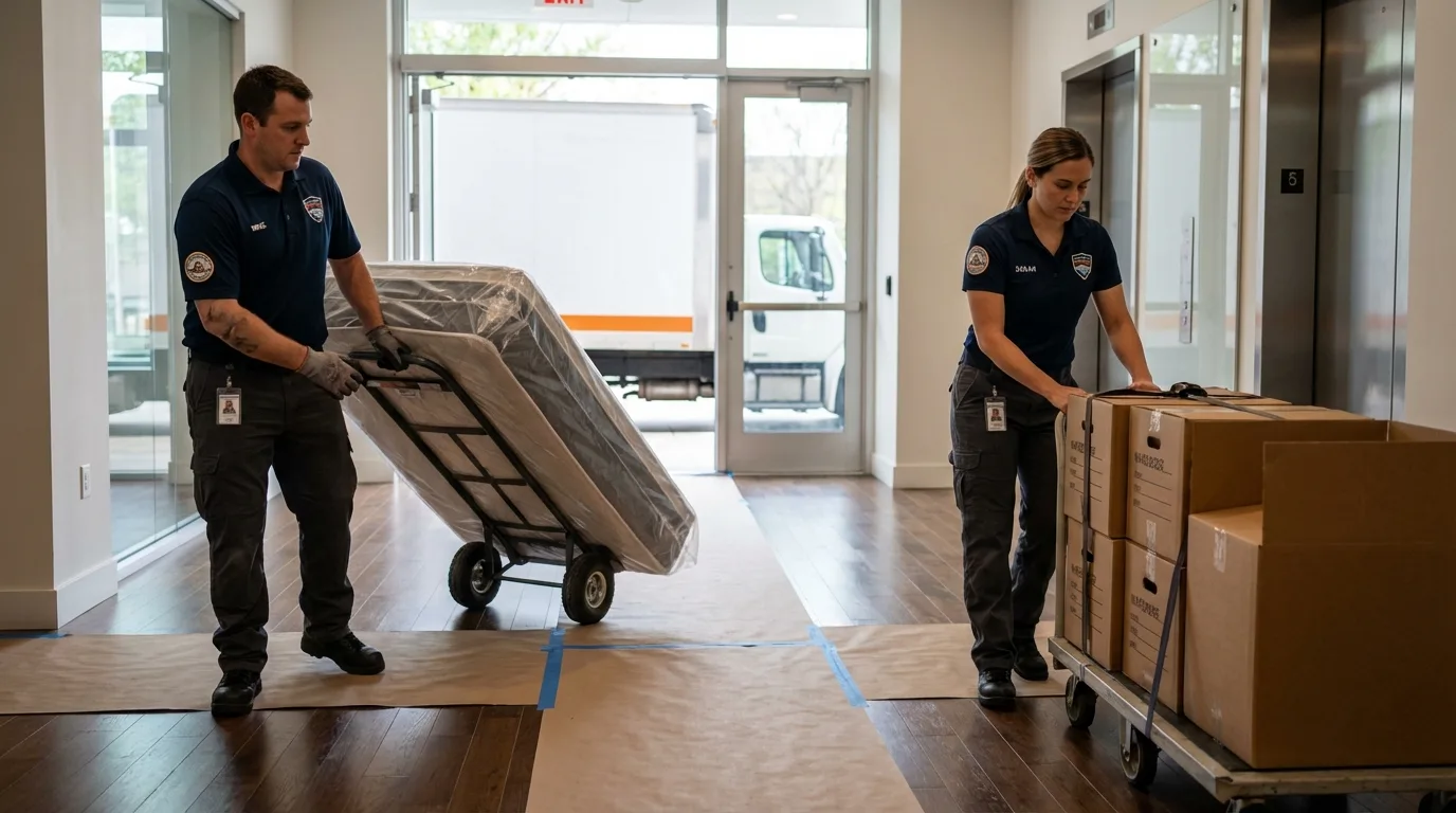 Professional apartment movers loading elevator in Montezuma, IA
